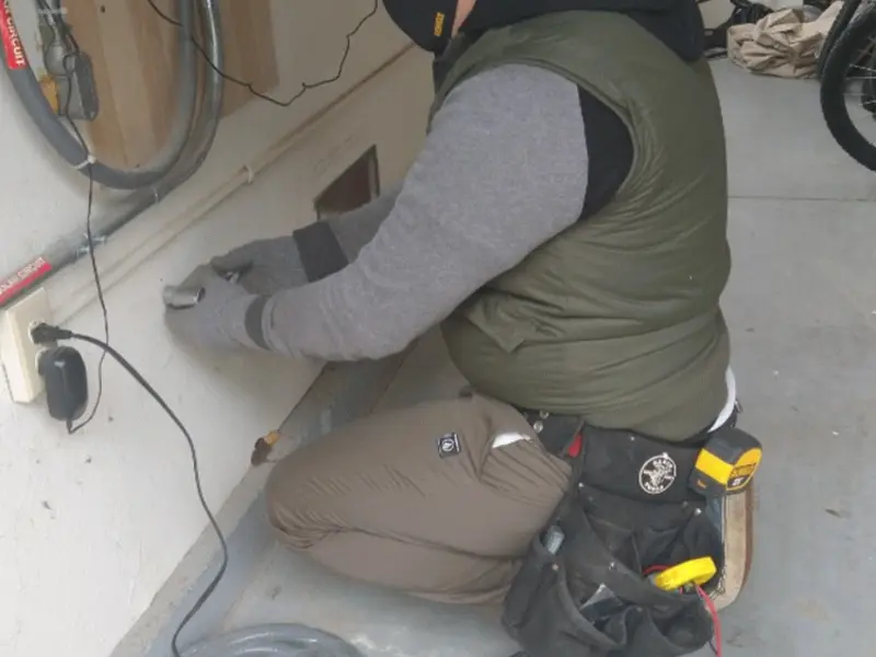 Electrician performing outlet wiring in a Lake Forest garage